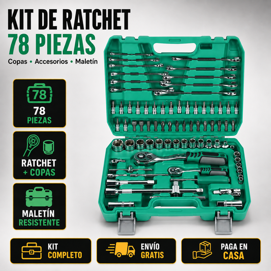 Kit de Ratchet, Copas y Accesorios de 78 Piezas con Maletín