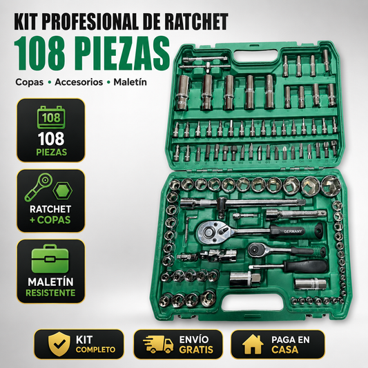 Kit Profesional de Ratchet, Copas y Accesorios de 108 Piezas con Maletín